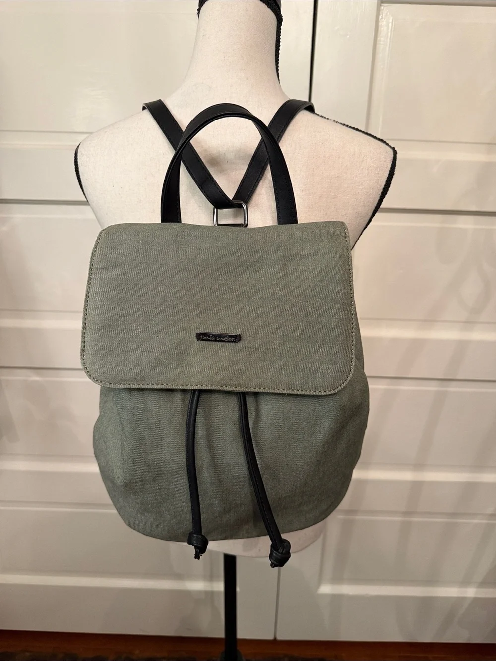 Mia Melon Sage Green Canvas Drawstring Backpack Travel Everyday Bag